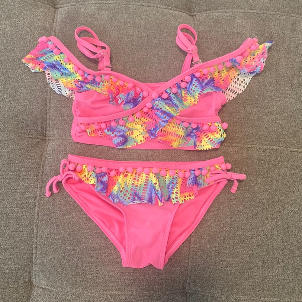 XOXO Pink/Rainbow Net & Pompoms Bikini - sz 5/6